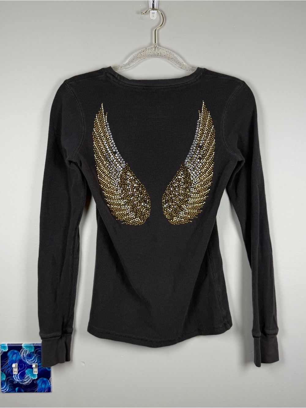 Twisted Heart Black Thermal LS Top Rhinestone Angel Wings Y2K Goth Grunge Small